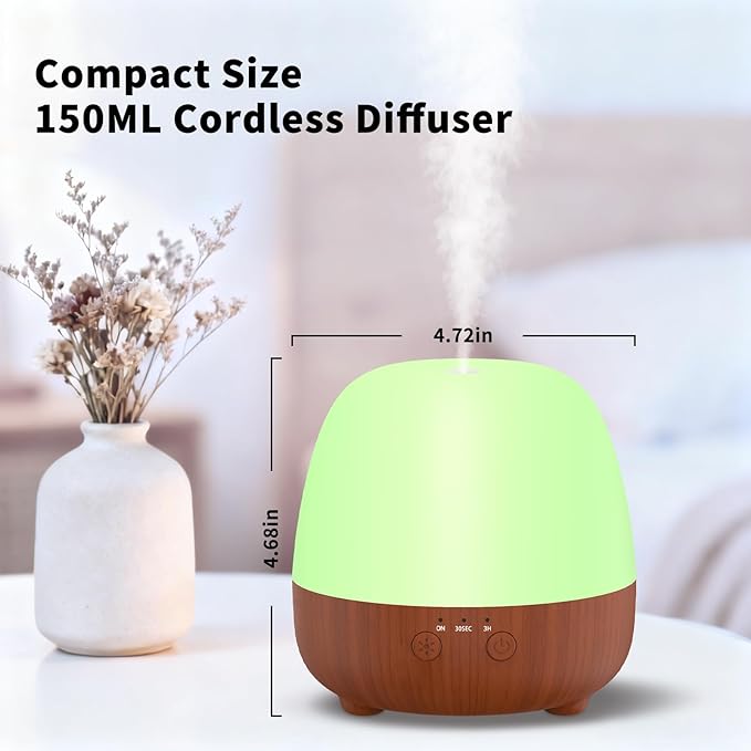 SPLITSKY Cordless Essential Oil Diffuser 150ML, Portable Rechargeable Diffuser with 7-Color LED Light, 2 Mist Modes, Quiet Operation and Auto-Off, 3 Timer Settings, for Home, Office, Outdoor