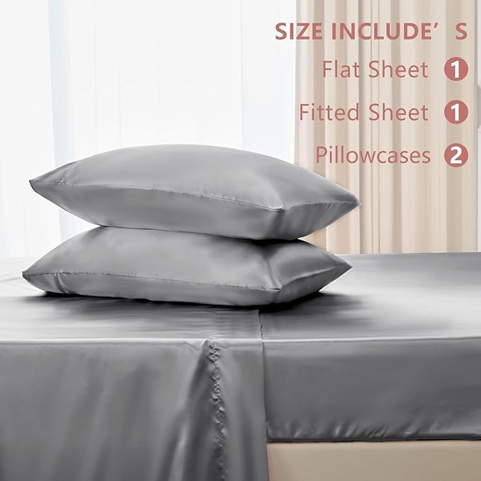 CozyLux Satin Sheets Cal King Sheet Set - 4 Piece Silky California King Sheets, Luxury Light Grey Bed Sheet Set with Smooth and Soft Microfiber, Includes 1 Fitted Sheet, 1 Flat Sheet and 2 Pillowcases