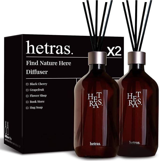 hetras Premium Reed Diffuser Set 16.9 fl.oz. 2 Pack | Hotel Wood - Woody & Musk Scent | Large Luxury Home Fragrance with 10 Reed Sticks | Decor for Home & Office | Gift for Loved Ones