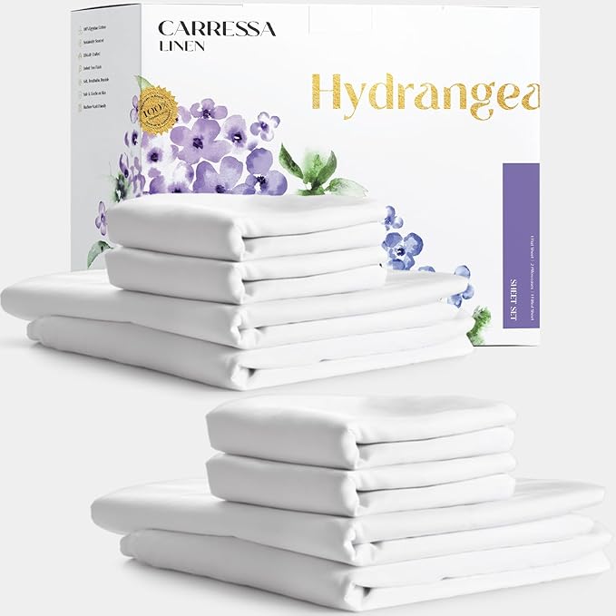 Carressa Linen 100% Egyptian Cotton Full Size Sheets - 600 Series Hydrangeas Collection Full Size Egyptian Cotton Sheets (8 PC, Crisp White), 16" Deep Pocket Sateen Weave Luxury Hotel Bed Sheet Set