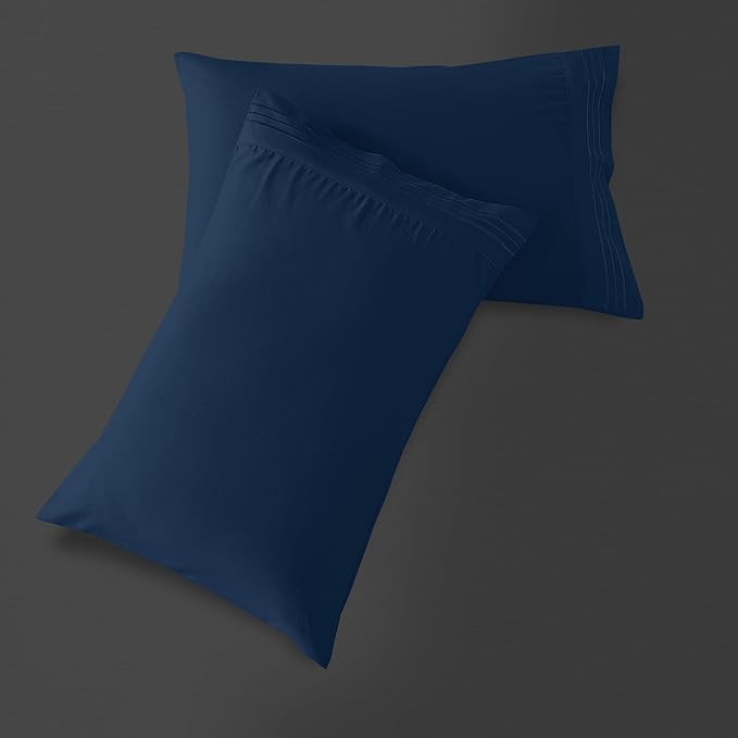 Mocassi 2-Piece Premium Standard/Queen Pillowcase Set 1800 Series Hotel Quality Microfiber - Soft and Breathable with 3-Line Embroidery Wrinkle and Stain Resistant, Easy Care, 20" x 30", Navy Blue