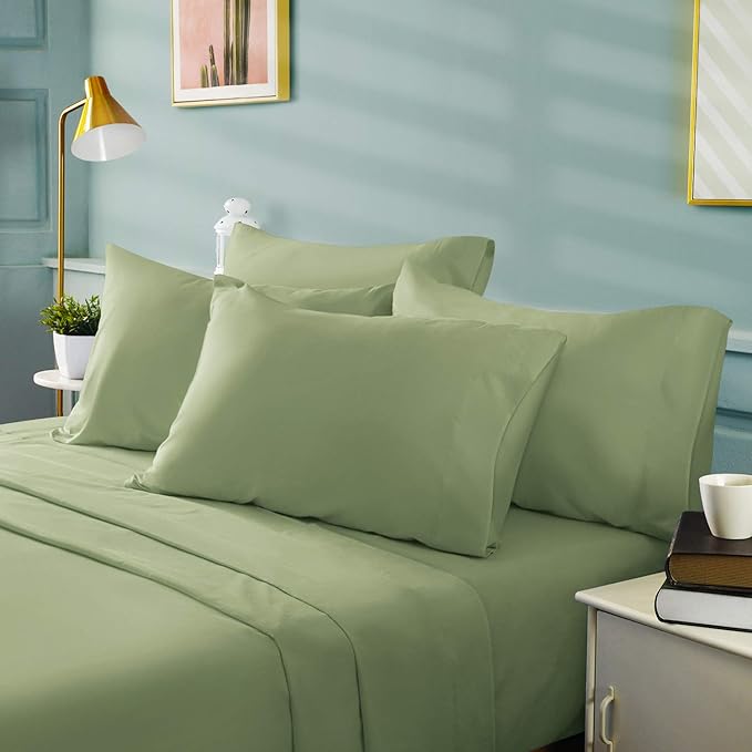 BYSURE 6 Pieces Bed Sheets Set(King, Sage Green) - Hotel Luxury Super Soft 1800 Thread Count 100% Microfiber Sheets with Deep Pockets, Wrinkle & Fade Resistant
