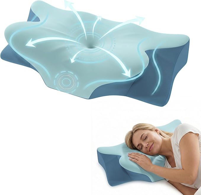 Cervical Neck Pillow for Pain Relief & Sleeping, Ergonomic Posture Pillow Neck Support, Cooling Memory Foam, Orthopedic Contour Pillow for Side Back Stomach Sleepers, Blue