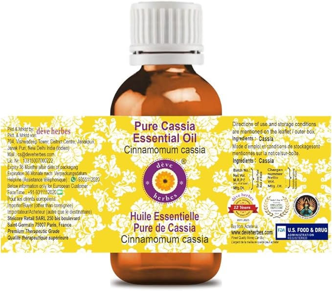 Deve Herbes Pure Cassia Essential Oil (Cinnamomum Cassia) Steam Distilled 10ml (0.33 oz)