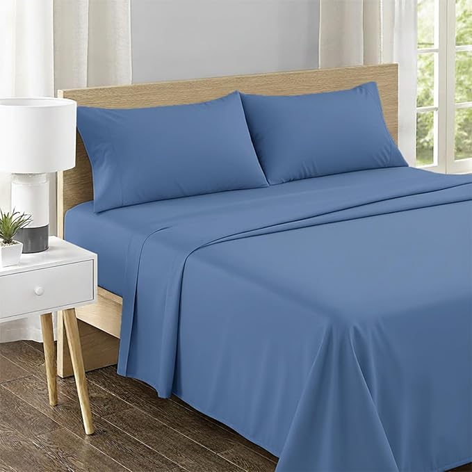 Feather & Stitch 500 TC Split King Size 5pc Damask Bed Sheet Set,100% Soft Cotton Breathable Bedsheets, 18" Deep Pockets Sateen Weave Solid Bedding Mattress - (Mist Blue)