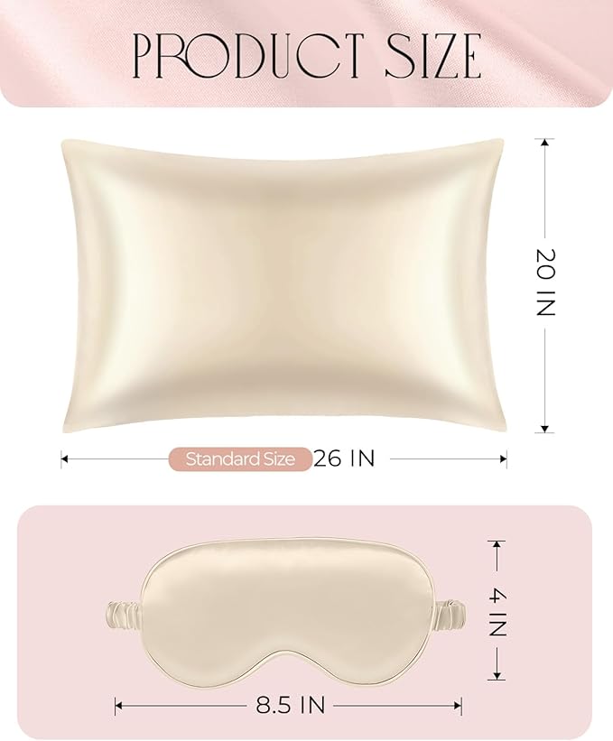 Miss Adola 1Pack Mulberry Silk Pillow Case for Hair and Skin Standard 26"x20" Silk Pillowcase with Eye Mask & Scrunchie Soft Silk Pillowcase Sleeping for Women, Wife, Female - Champagne Gold