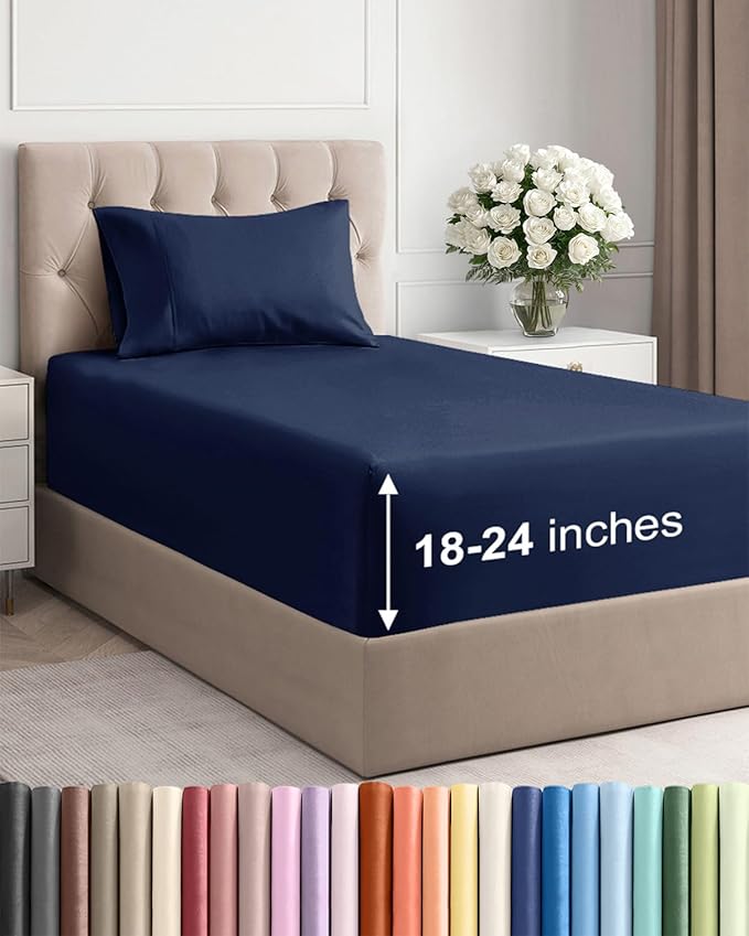 Extra Deep Twin Sheet Set - 3 Piece Breathable & Cooling Bed Sheets - Easily Fits 18 to 24 inch Mattress - Ultra Soft, Wrinkle & Fade Free with Extra Deep Pockets - Hotel Luxury Bedding - Navy Blue