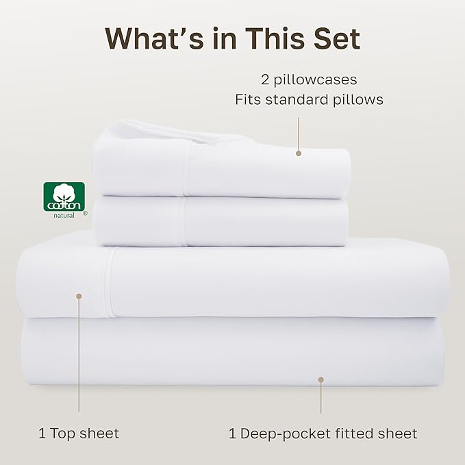 California Design Den Soft 100% Cotton Full Sheet Set, 400 Thread Count Good Housekeeping Award Winner, Silky Smooth Sateen Weave with Deep Pockets, Breathable and Durable Cotton Bedding Set - White