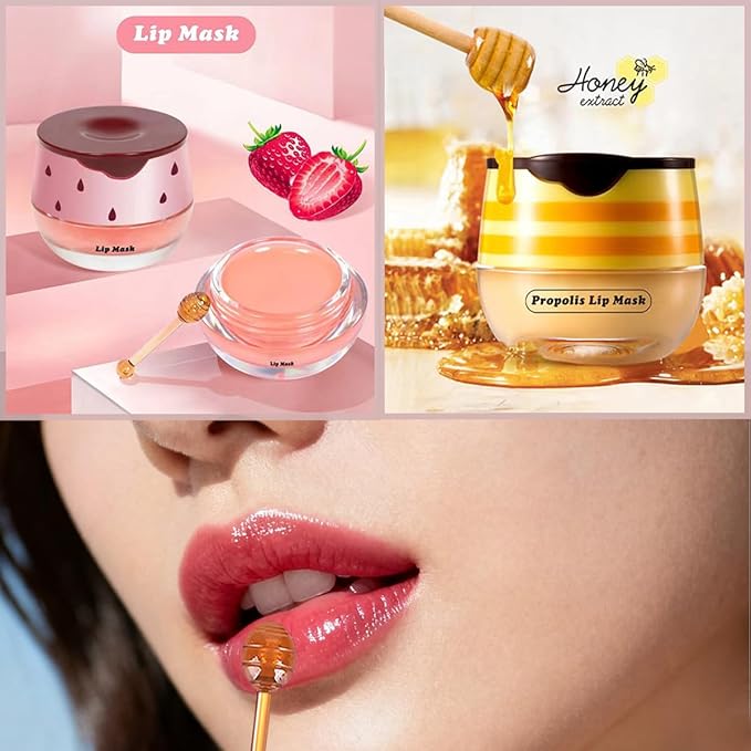2 PCS Honey Lip Mask, Strawberry & Watermelon & Apple Lime Lip Sleeping Mask Propolis Moisturizing Lip Balm with Stick, Vitamin E Lip Masks, Repairs And Prevents Chapped Lips (Honey & Strawberry)