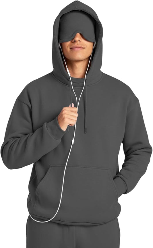 Ainangua Mens Oversized Pullover Essentials Hoodie with Eye Mask Built In Comfor Airplane Mode Travel Sleep Wearable Blanket