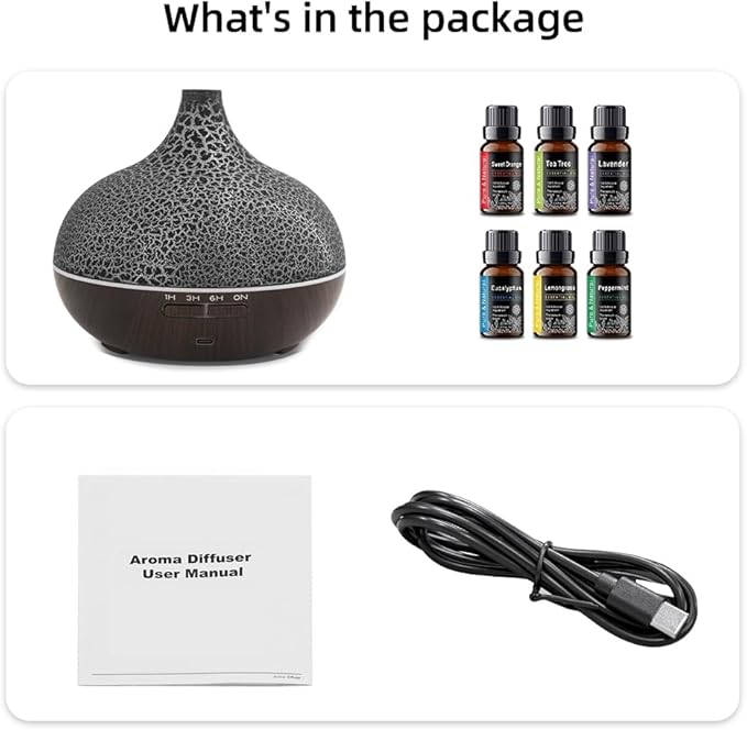 Aromatherapy Diffuser & 6 Essential Oils Set, 400ml Diffuser Ultrasonic Diffuser Cool Mist Humidifier with 4 Timers 7 Colors Light Waterless Auto Off for Large Room Office