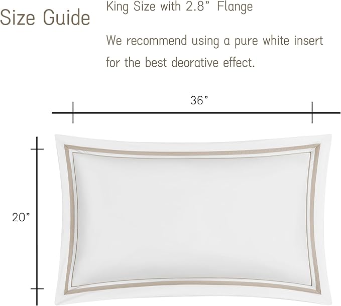 White Pillow Shams King Size Set of 2, 100% Cotton 400TC Sateen Luxury Hotel Pillow Cases, Pipping Oxford Pillowcases with Envelope Closure for Bedding Linen, 20x36 Inches (White with Khaki)