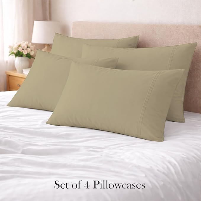 400 Thread Count 100% Egyptian Cotton Queen Size Pillowcases Set of 4, Soft & Breathable Sateen Weave, Envelope Closure, Hotel Luxury Bed Linen, Durable & Fade Resistant, 20"x30", Beige