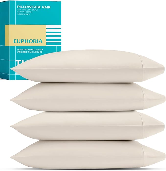 Thread Spread 100% Egyptian Cotton Queen Pillow Cases Set of 4 - Luxury 800 Series Euphoria Collection Queen Pillow Cases (Pack of 2, Ivory), Soft Cotton Pillowcases, Fits Standard Pillows