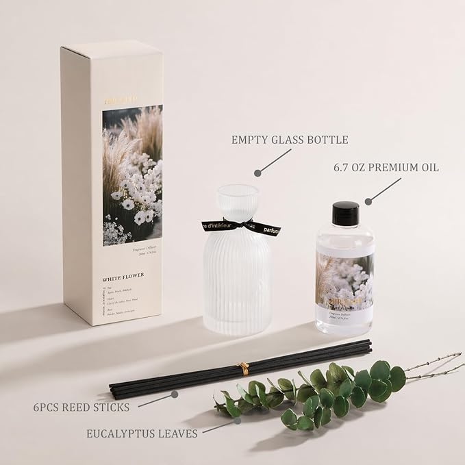 Airkeep Reed Diffuser Set 6.76 oz – White Flower Home Fragrance with Eucalyptus Sticks – Decorative Glass Bottle for Bathroom, Bedroom & Living Room Décor – Gift Ready