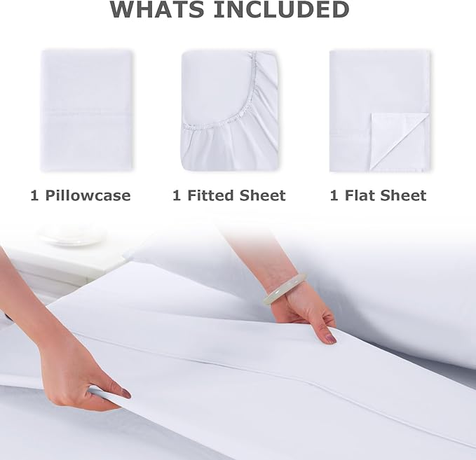 Twin Size Bed Sheet Set - 3 Piece Soft Microfiber Sheets with Deep Pockets, Cooling Technology, and Wrinkle-Free Pillowcase. Hotel-Quality, Durable Bedding, Brilliant White