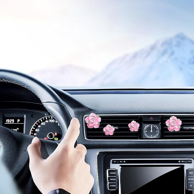 4PCS Bling Car Air Vent Clips, Flower Shiny Rhinestone Clip-on Vehicle Air Outlet Clamp, Sparkly Diamond Auto Interior Vent Decoration Clip, Universal for SUV Automobile Truck (Pink)