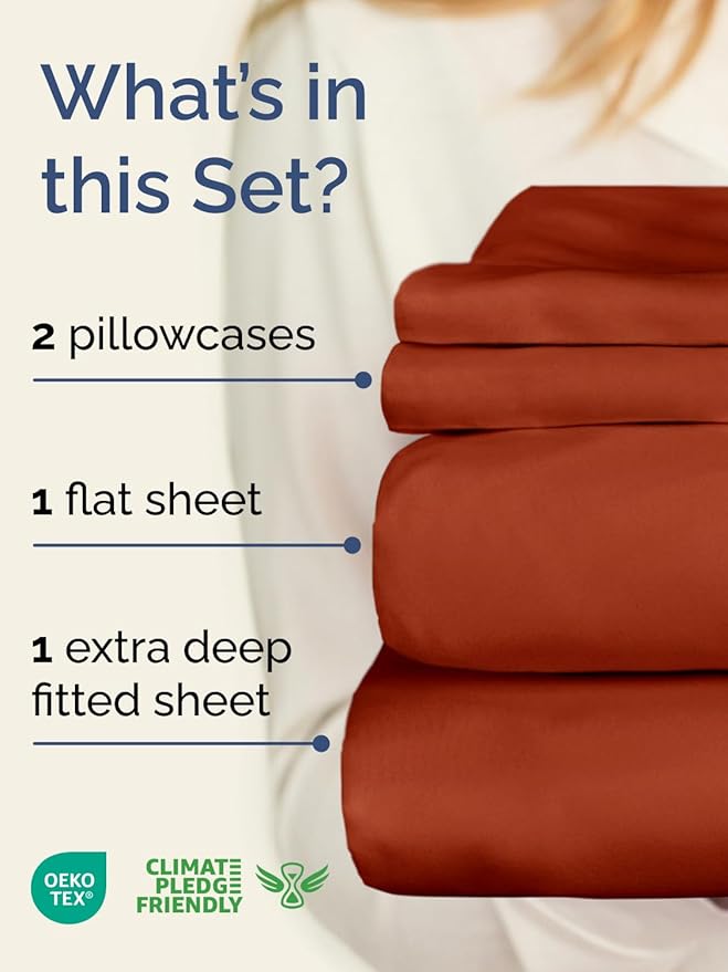 Extra Deep Queen Sheet Set - 4 Piece Breathable & Cooling Bed Sheets - Easily Fits 18 to 24 inch Mattress - Ultra Soft, Wrinkle & Fade Free w/ Extra Deep Pockets - Hotel Luxury Bedding - Terracotta
