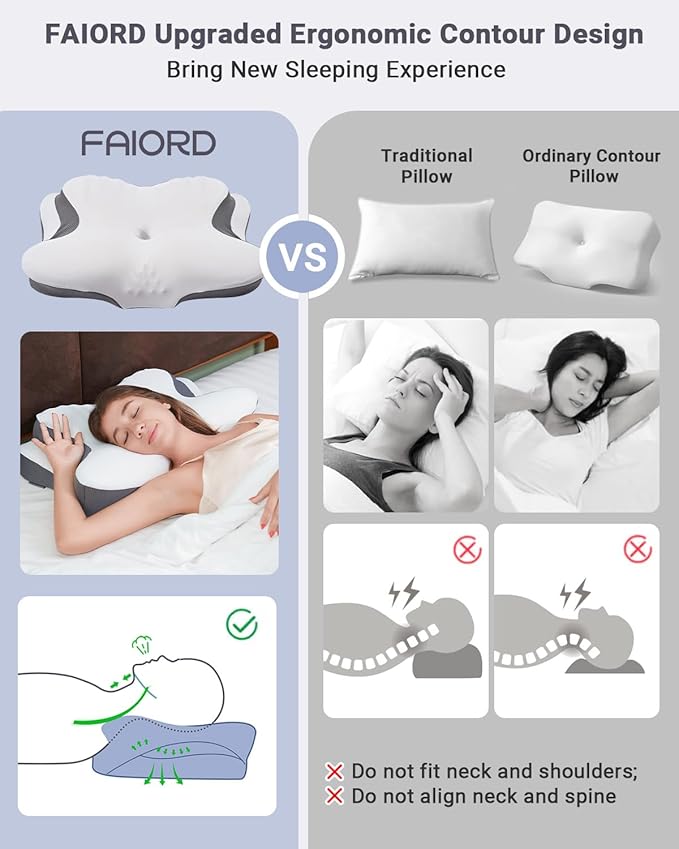 Cervical Pillow for Neck Pain Relief - Cooling Ergonomic Dual-Sided Orthopedic Neck Pillow with Ice Silk Pillowcase, Breathable Memory Foam Contour Pillow for Side, Back, Stomach Sleepers