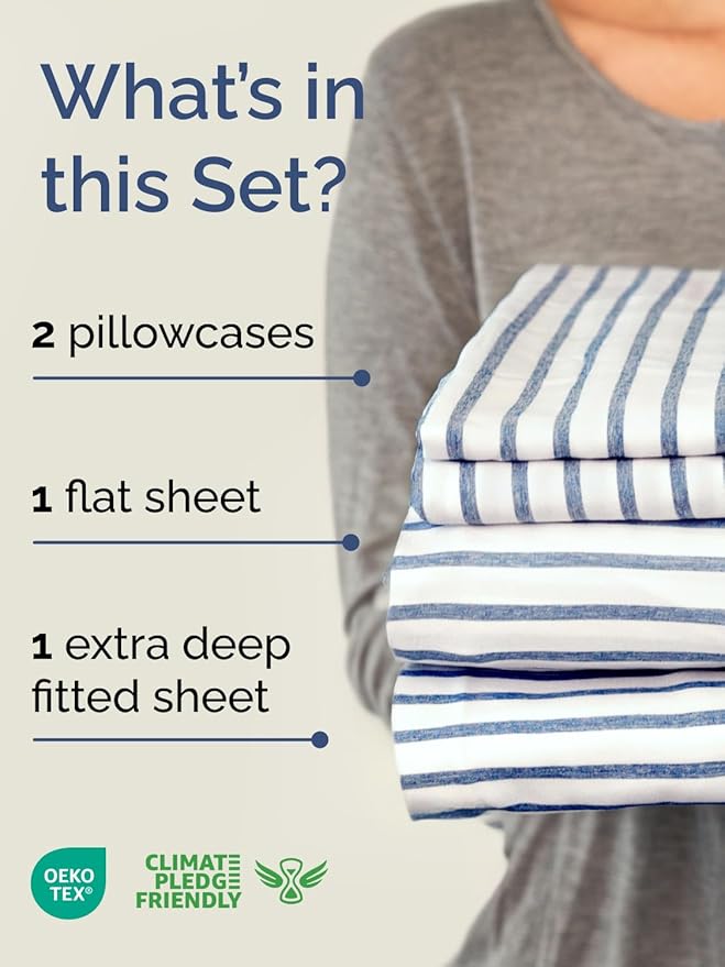 Extra Deep Queen Sheet Set - 4 Piece Breathable & Cooling Bed Sheets - Easily Fits 18 - 24 inch Mattress - Ultra Soft, Wrinkle & Fade Free w/ Extra Deep Pockets - Hotel Luxury Bedding - Blue Stripes 2