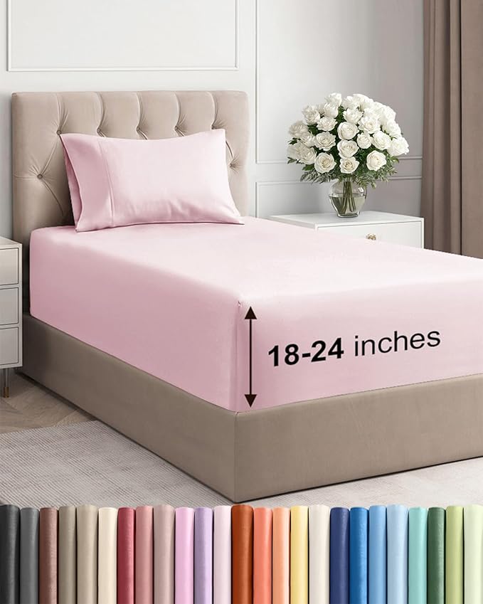 Extra Deep Twin Sheet Set - 3 Piece Breathable & Cooling Bed Sheets - Easily Fits 18 to 24 inch Mattress - Ultra Soft, Wrinkle & Fade Free w/ Extra Deep Pockets - Hotel Luxury Bedding - Lavender Pink