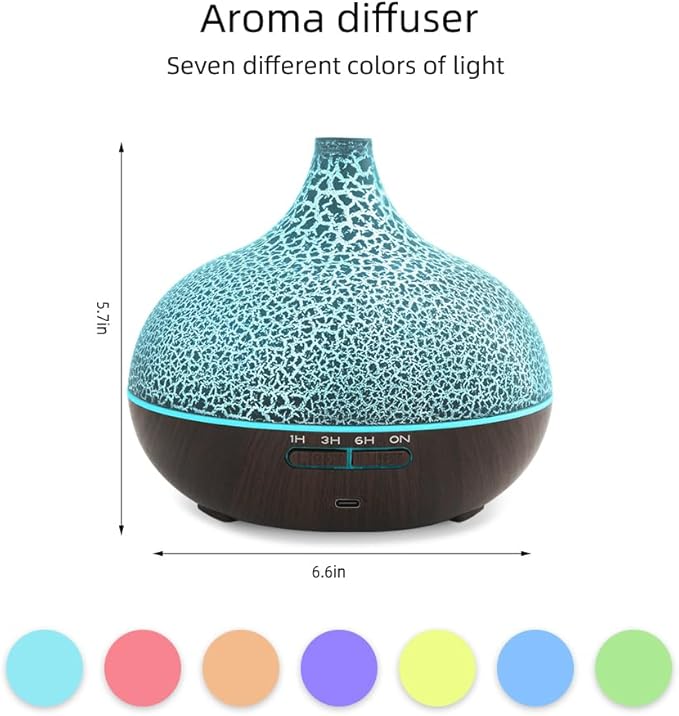 Aromatherapy Diffuser & 6 Essential Oils Set, 400ml Diffuser Ultrasonic Diffuser Cool Mist Humidifier with 4 Timers 7 Colors Light Waterless Auto Off for Large Room Office