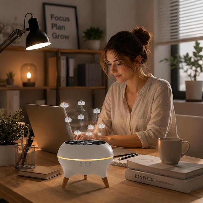 Mushroom Cloud Humidifier, Aromatherapy Essential Oil Diffuser with Sound-Activated Mode, 7-Smoke Modes Jelly Fog & Color LED, Large Water Tank with Auto-Shutoff, for Home Bedroom Office
