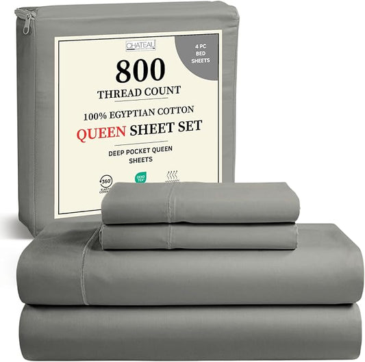 800 Thread Count Egyptian Cotton Sheets Queen Sheet Set 15" Deep Pocket, 100% Cotton Sateen Weave Bed Sheets Queen Size Set, Naturally Cool Breathable Elasticated Sheet & Pillowcase Sets - Silver