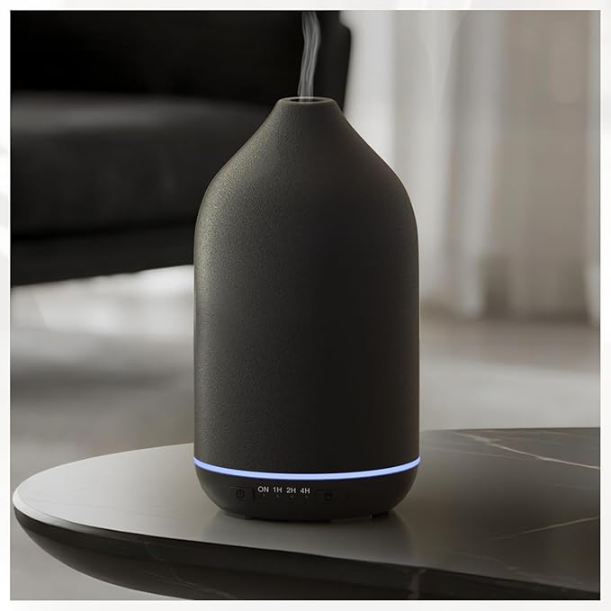 SALKING 200ml Ceramic Diffuser, Stone Essential Oil Diffuser, Ultrasonic Aromatherapy Diffusers with 7-Color LED Lights Timers, for Office Bedroom Home (Black)