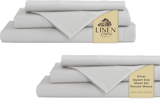 Linen Home 2-Pack Queen Sheet Set, 100% Cotton Percale Bedding, 8-Piece Value Bundle, Deep Pocket Cooling Bed Sheets for Hot Sleepers, Breathable & Crisp Hotel Quality, Long-Staple Cotton, Silver
