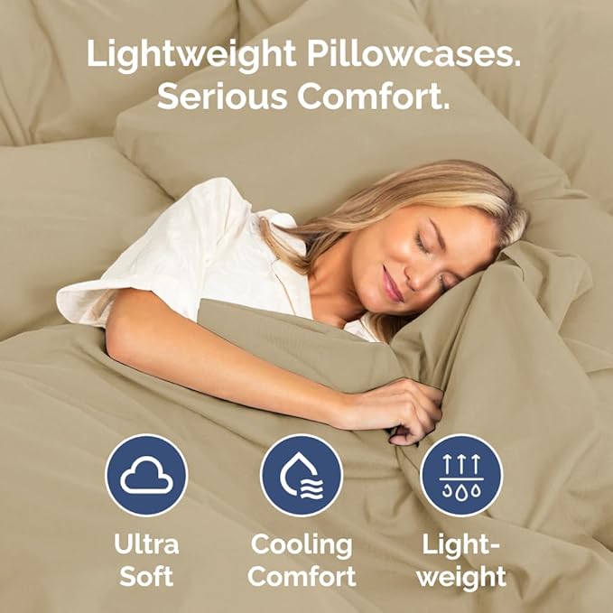Standard Pillow Cases Set of 4 - Ultra Soft Hotel Quality Pillowcase Covers - Comfy Cozy Bedding for Women, Men, Kids & Teens - Machine Washable Pillow Protectors - 4 Piece Set - Standard Size Beige