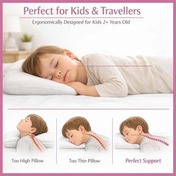 kinder Fluff Pre-Teen Pillow 2X–Certified Hypoallergenic Award Winning Youth Pillow (no Pillowcase Needed) 300TC Pure Cotton Shell and Down Alternative Fill. Toddler Bedding Kids Pillow 12+ Pink