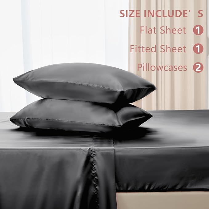 CozyLux Satin Sheets Queen Size Bed Set - 4 Piece Silky Queen Sheet Set, Luxury Dark Grey Queen Sheets with Smooth and Soft Microfiber, Includes 1 Fitted Sheet, 1 Flat Sheet and 2 Pillowcases