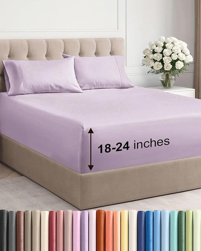 Extra Deep Queen Sheet Set - 4 Piece Breathable & Cooling Bed Sheets - Easily Fits 18 - 24 inch Mattress - Ultra Soft, Wrinkle & Fade Free w/ Extra Deep Pockets - Hotel Luxury Bedding - Light Lavender