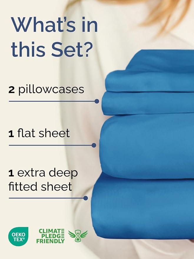 Extra Deep King Sheet Set - 4 Piece Breathable & Cooling Bed Sheets - Easily Fits 18 to 24 inch Mattress - Ultra Soft, Wrinkle & Fade Free with Extra Deep Pockets - Hotel Luxury Bedding - Denim Blue