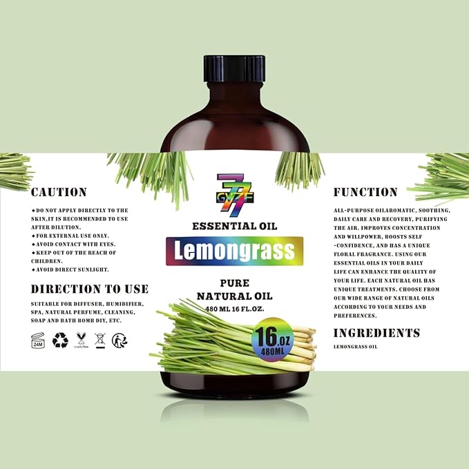 Lemongrass Essential Oil - Lemongrass Oils for Diffusers, Humidifiers, DIY Candles, Soap, Cleaning, Home, Office, Yoga, Massage, Gifts - 16 fl oz (480 ml) - GV77ZF