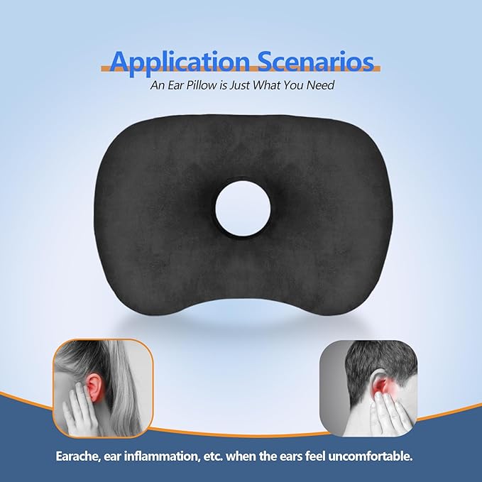 Ear Piercing Hole Pillows Side Sleeper Pillow with an Ear Hole for CNH Side Sleepers and Ear Inflammation Pressure Sores, Adjustable Cotton and Polyester Curved Side Pillow, Black