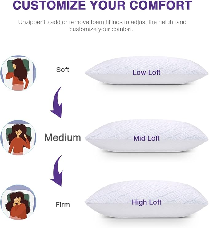 WISHSMILE Cooling Pillows Queen Size Set of 2, Memory Foam Pillows with Zipper, Adjustable Firmness for Sleeping Cool Cold Pillow to Hot, Side, Back and Stomach Sleepers, 2 Pack, 20x30
