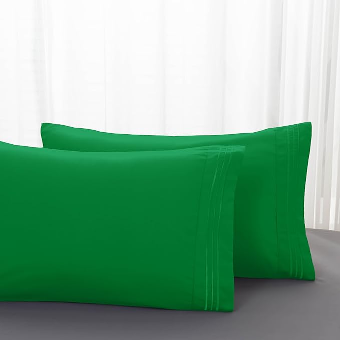 Mocassi 2-Piece Premium Standard/Queen Pillowcase Set 1800 Series Hotel Quality Microfiber - Soft and Breathable with 3-Line Embroidery Wrinkle and Stain Resistant, Easy Care, 20" x 30", Royal Green