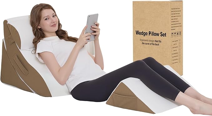 Wedge Pillow Set for After Surgery – 4PCS Orthopedic Bed Wedge Pillows for Sleeping – Adjustable Memory Foam Triangle Support for Back Pain Relief, Acid Reflux & Recovery (Coffee)