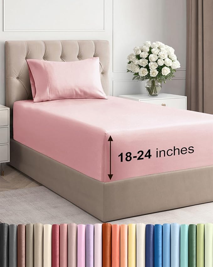Extra Deep Twin Sheet Set - 3 Piece Breathable & Cooling Bed Sheets - Easily Fits 18 to 24 inch Mattress - Ultra Soft, Wrinkle & Fade Free with Extra Deep Pockets - Hotel Luxury Bedding - Baby Pink