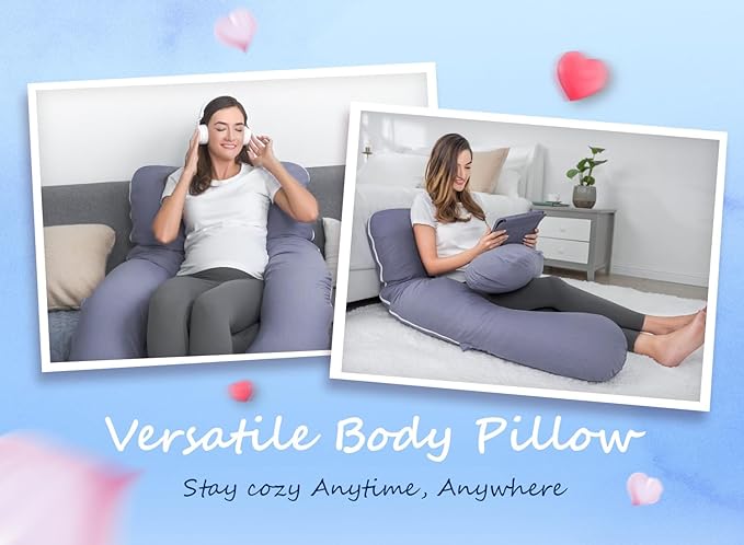QUEEN ROSE Pregnancy Pillow, U Shaped Full Body Pillows for Sleeping Support, 55 Inch Maternity Pillow for Pregnant Women with Cooling Silky Cover, Blue