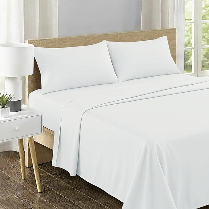 Feather & Stitch 500 TC King Size Damask Bed Sheet Set, 100% Cotton Soft Breathable Bedsheets, 4 Piece 18" Deep Pockets Sateen Weave Solid Bedding Mattress Resort Hotel Luxury- (Solid White)