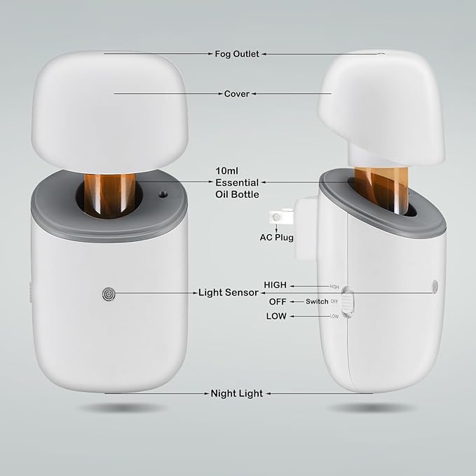 Waterless Essential Oil Diffuser, Cold Waterless Diffuser with Low/High Switch, Plug in Diffuser with Night Light, Quiet Wall Aromatherapy Diffuser for Home Living Room Bedroom Bathroom White