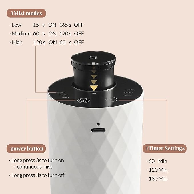 Waterless Essential Oil Diffuser - Portable Aromatherapy Scent Machine with 3 Mist Modes & Timer