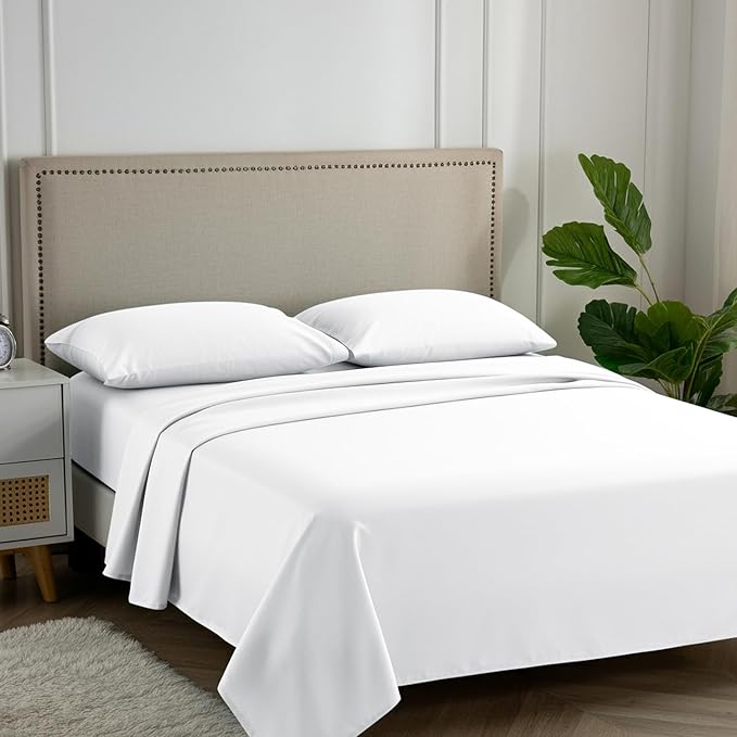 Carressa Linen 100% Egyptian Cotton King Size Sheets Set - 600 Series Hydrangeas Collection Egyptian Cotton Sheets King Size (4 PC, Crisp White), 16" Deep Pocket Sateen Weave Luxury Bed Sheet