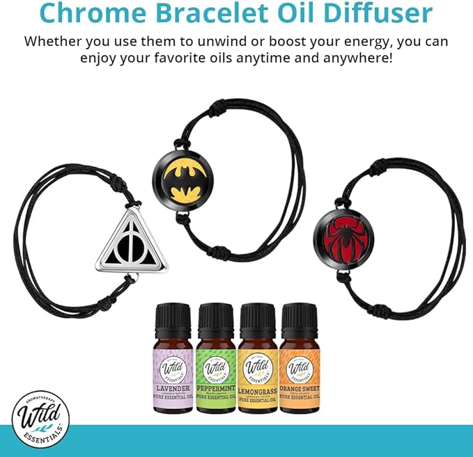 Wild Essentials Black Chrome Bat Essential Oil Diffuser Bracelet Gift Set with Aromatherapy Pendant, Adjustable Nylon Band, 12 Pads and 100% Pure Oils; Lavender, Lemongrass, Orange and Peppermint
