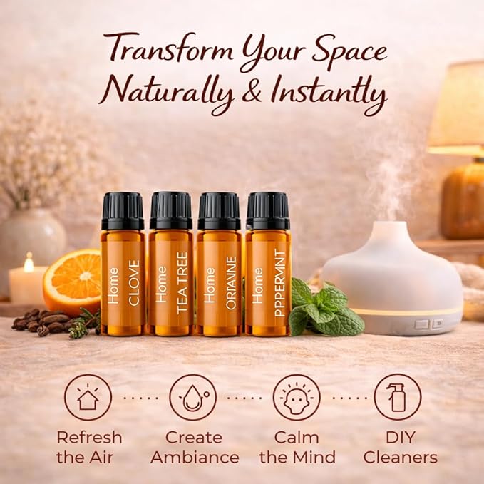 HM Home Essential Oil Gift Set, 4 Pack - Clove, Peppermint, Tea Tree & Orange - Aromatherapy Oils for Diffuser, Humidifier, Home Fragrance, Housewarming & Self Care Gifts - 10 mL Each