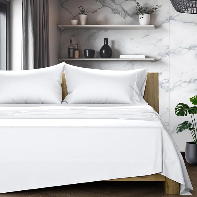 TEXAS LINEN CO. 100% Egyptian Cotton Queen Sheets Set - Luxury 1200 Series Star Sleepin' Collection Egyptian Cotton Sheets Queen Size (4 PC, White), 17" Deep Pocket, Cooling Sateen Hotel Bedding Set