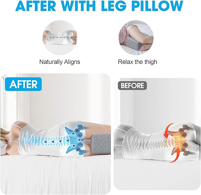 Knee Pillow for Side Sleepers with Cooling Gel, Memory Foam Elevation Pillow for Spine Aligning, Sciatica, Back, Hip, Knee, Ankle Pain, Grey/Regular